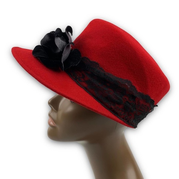 1960's BOLLMAN HAT Co. via KOKIN red wool black rose and lace cap - Picture 8 of 16